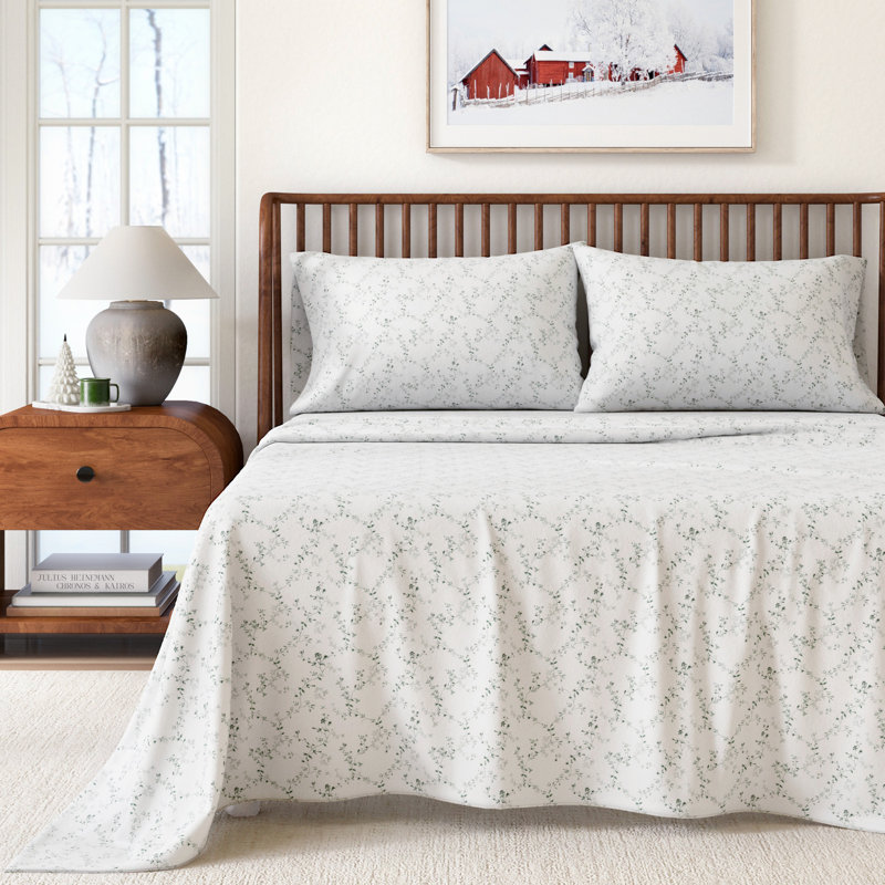 Ensemble de draps 100% flanelle de coton, Ensemble de draps pour grand lit avec 2 taies d'or, Winter Vines Floral