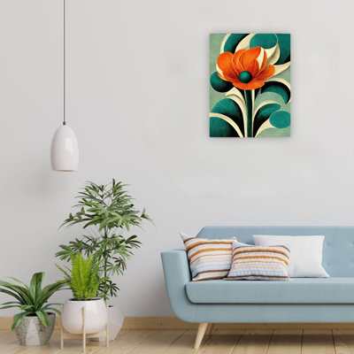 Art mural sur toile de qualité supérieure, coquelicot, sarcelle, orange, crème, 24 x 18 po, salon pour chambre à coucher
