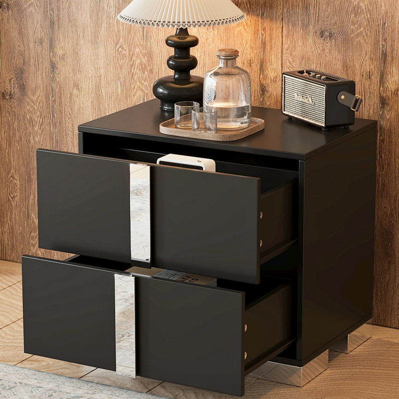 Table de chevet avec miroir, 2 tiroirs, finition noire et pied en métal, table de chevet confortable pour chambre à coucher avec construction, conception simple, décoration de salon