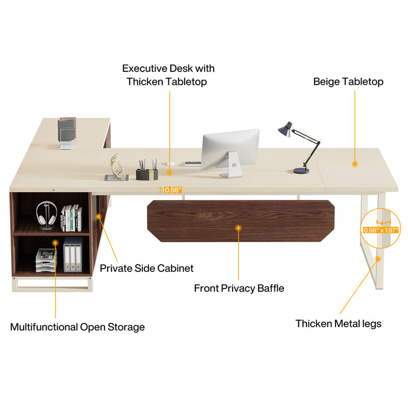 Grand bureau de direction en L Laphonso, Beige / noyer