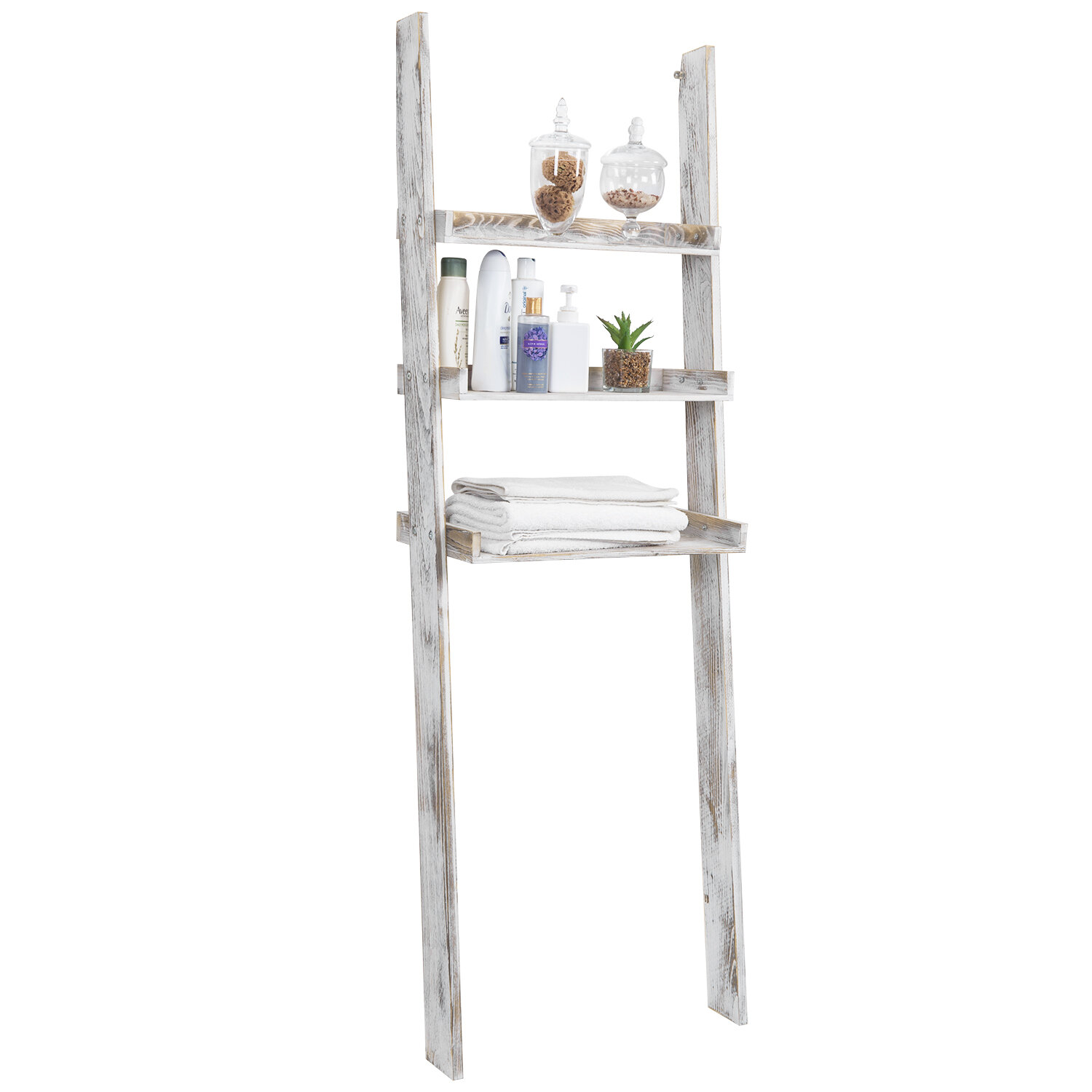 3-Tier Rustic Wood Over-the-Toilet Wall-Leaning Ladder Storage Shelves