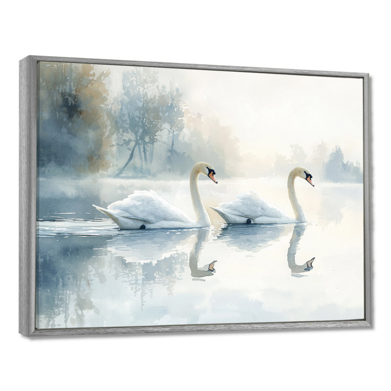 «Drizzt Tranquility Swans On The Lake III», art mural oiseau, Argent argent, H 34 po x l 44 po, Cadre flottant