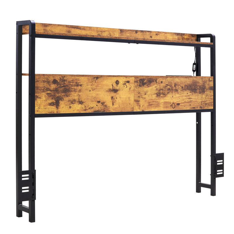 Headboard For Full Size Bed, Adjustable Height Headboard With 2 Shelves Storage, Freestanding Head Board With Charging Station And LED Light For Different Bed Frames, Easy Assembly, Brown
