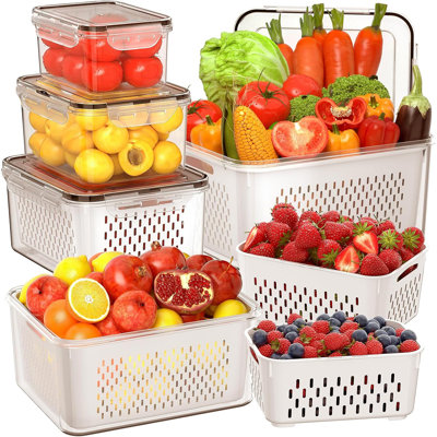 5 PCS Large Fruit Storage Containers For Fridge With Removable Colanders, Airtight Food Storage Containers With 5 Lids