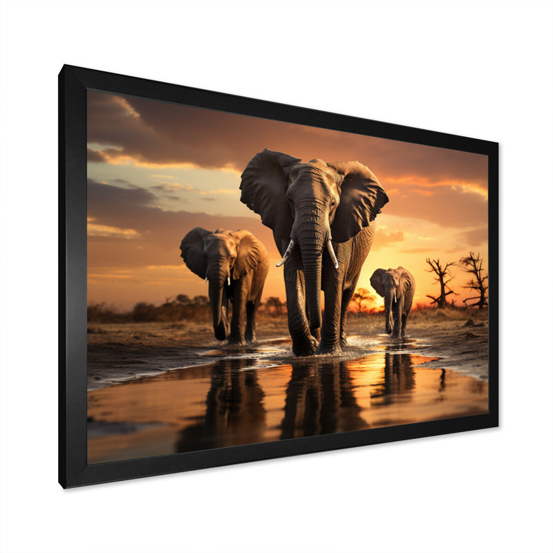 «Elephant Shadows Of Serenity II», art mural sur toile, Cadre simple noir, H 16 po x l 32 po x P 1 po