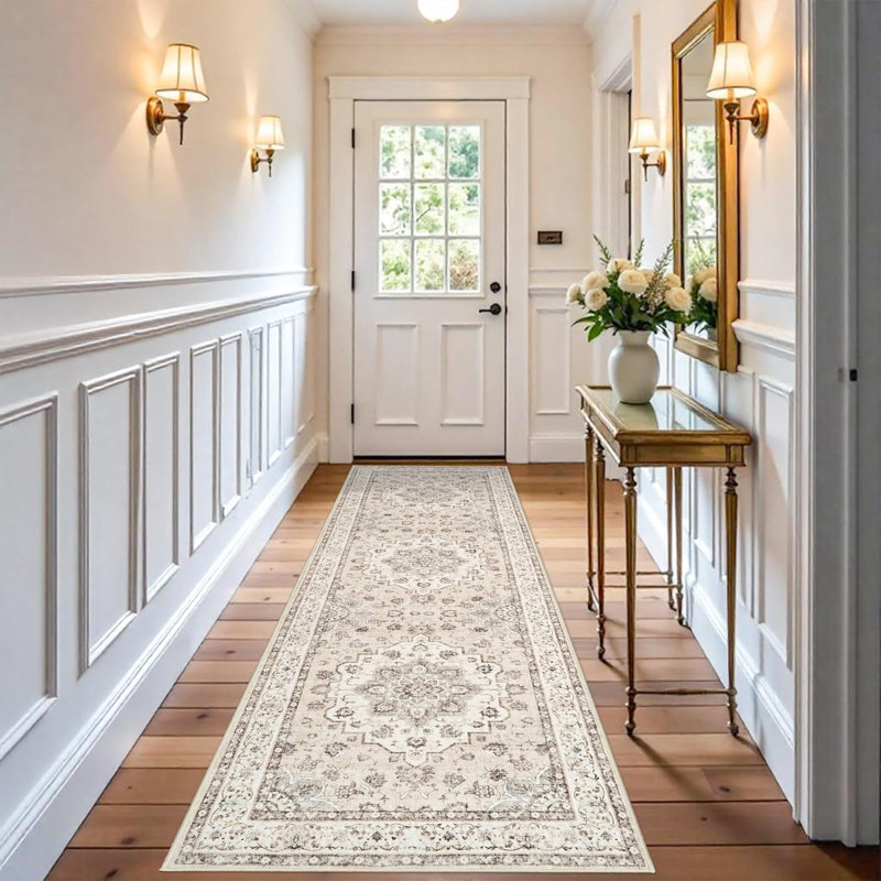 Washable Hallway Rugs: Oriental Non-Slip Kitchen Carpet Distressed Low Pile Indoor Rug for Bedroom Entryway Vintage Soft Non Shedding Floor Mat for Living Room Bathroom (Cream/Beige)