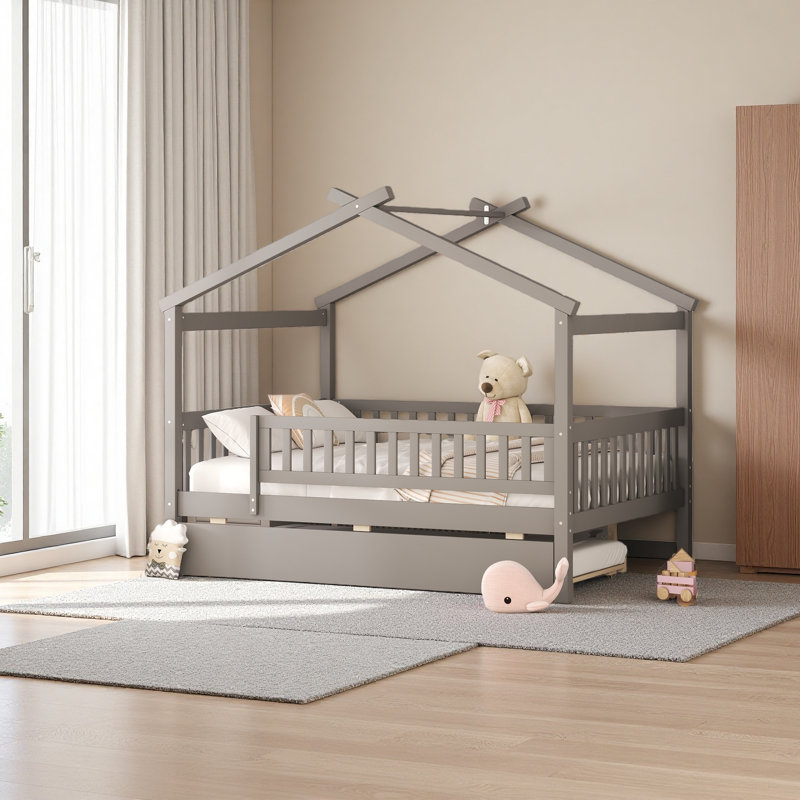 Wooden House Bed With Twin Size Trundle, Gray, Full