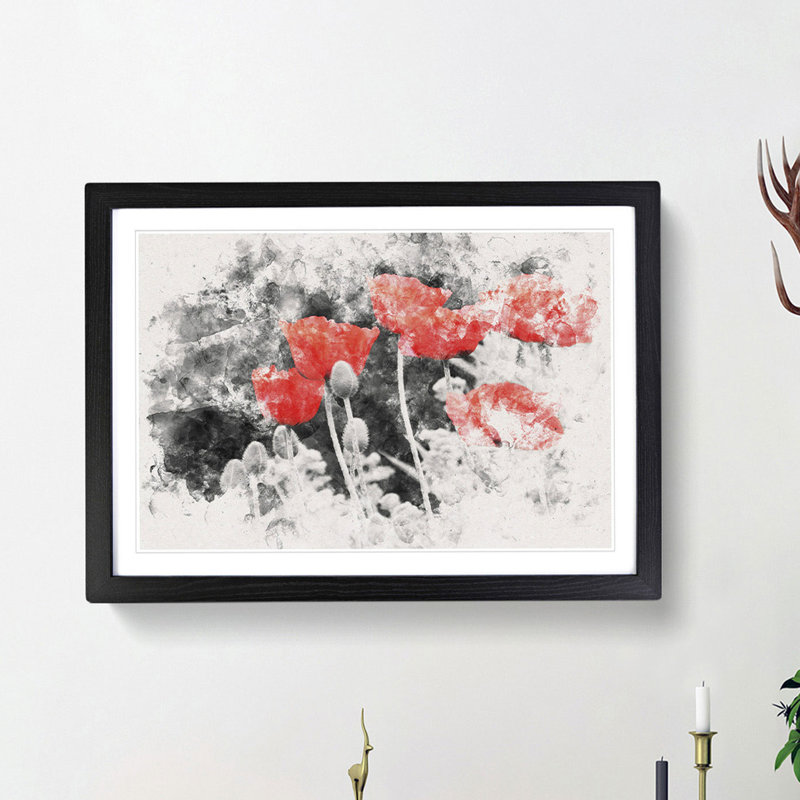 Red Poppy Field Watercolour - Picture Frame Graphic Art Print, 45cm H x 63cm W x 2cm D, Black Framed