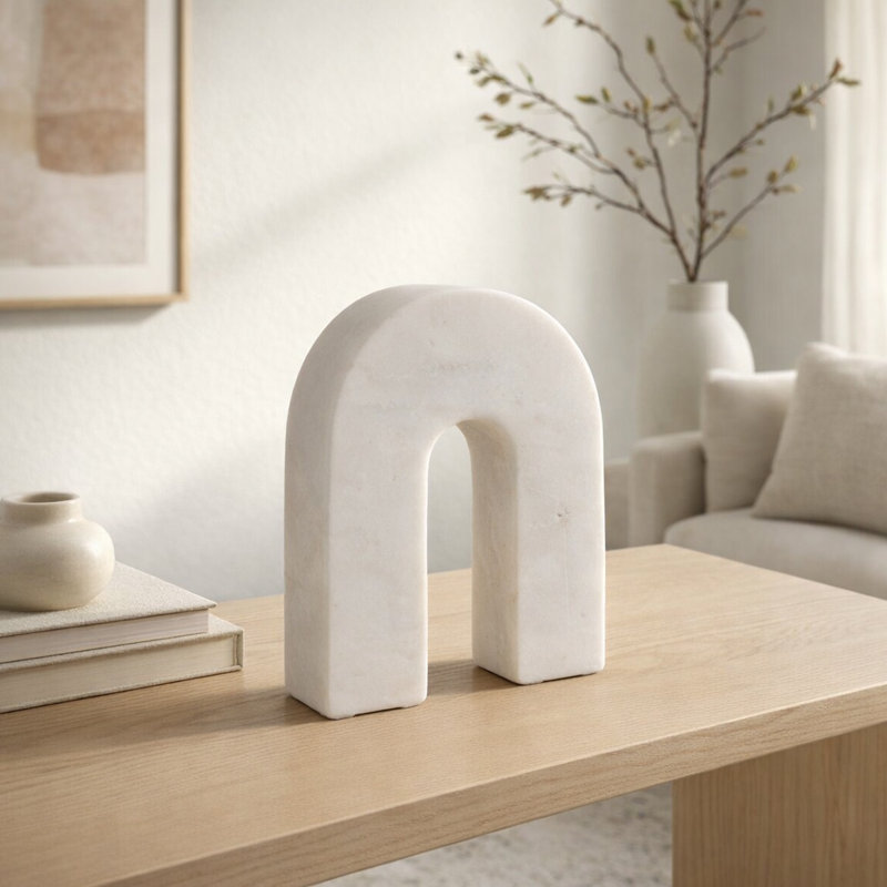 Modern Neutral Marble Horseshoe Tabletop Decorative Object, 7" H x 6" W x 2" D