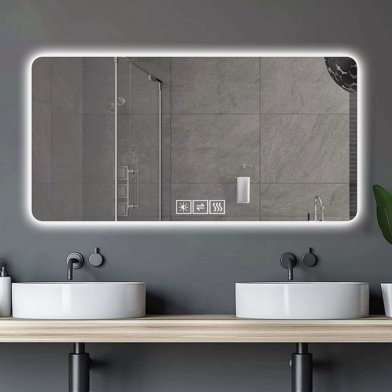 Miroir de salle de bain à DEL, résistant à la corrosion, à trois couleurs à intensité variable, miroir rétroéclairé avec fonction de désembuage à une touche