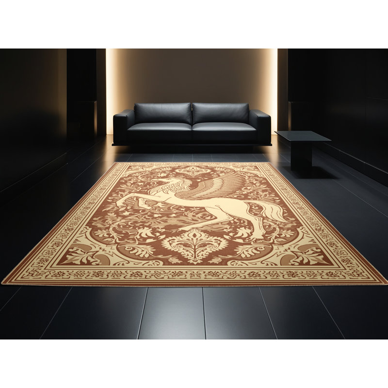 Machine Washable Pantelia Hippogriff Classic Oriental Rug in Brown – Beige Binding, 7x10