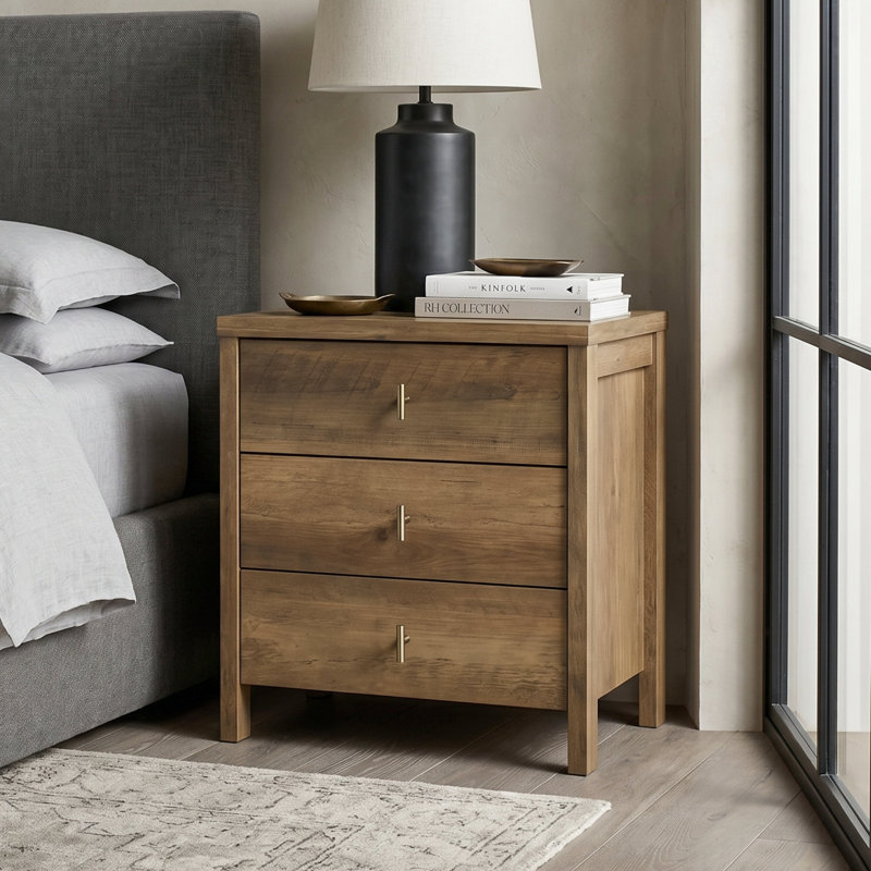 Pruitt Modern 3 Drawer Nightstand, Knotty Oak