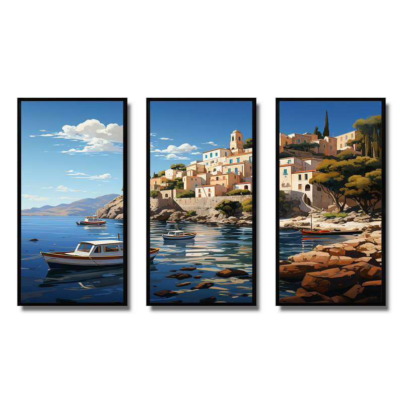 Capri, Italie, bleu, village méditerranéen II - Italie, art mural paysage, Cadre flottant noir, H 28 po x l 36 po x P 1 po