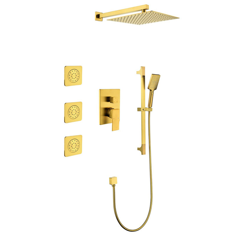 Bathroom Shower With Rain Head, Hand Shower, And Valve Trim In Brushed Gold Modern System Bodysprays Finish, Brushed Gold