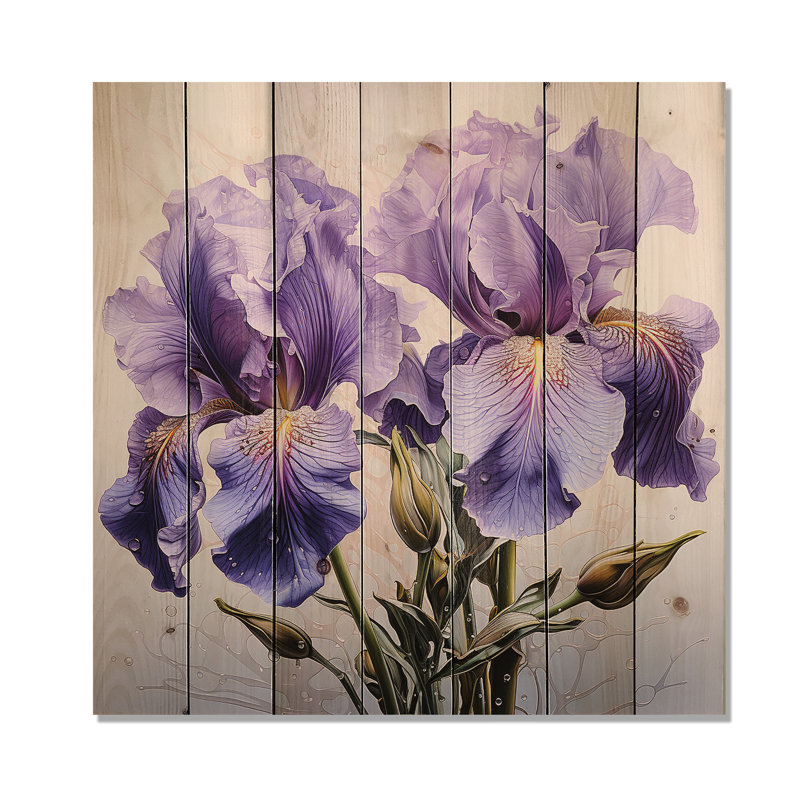 Mauve iris, splendeur réaliste - Art mural en bois d'iris sur bois de pin naturel, H 30 po x l 30 po
