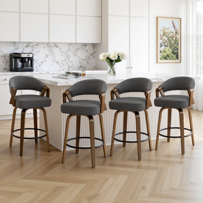 Tabouret de bar pivotant à 360 ° de style Mid-Century moderne en noyer avec dossier courbé rembourré (ensemble de 4), Gris, 4