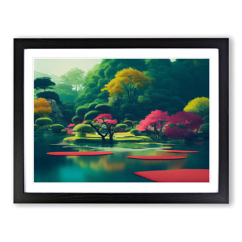 Japanese Garden Pond - Single Picture Frame Painting, 34cm H x 46cm W x 2cm D, Black
