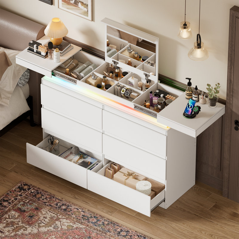 Commode blanche avec miroir pour chambre à coucher, commode moderne 6 tiroirs avec bureau coulissant