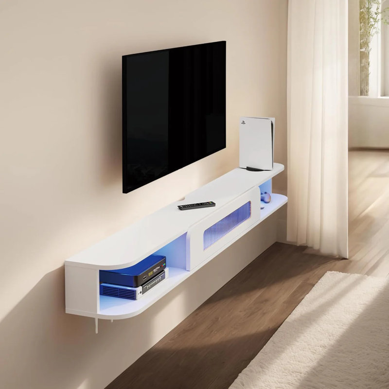 70.86" Slim Floating TV Stand with LED Lights and Glass Door – Modern White Wall Mounted Media Console for Up to 75" TVs