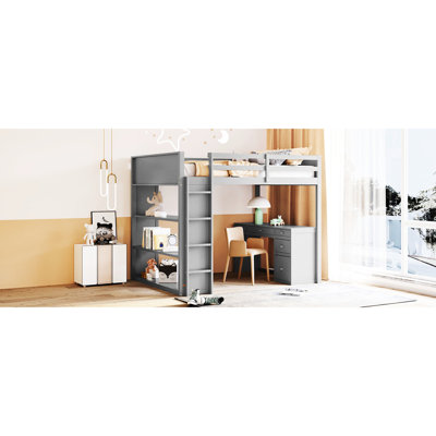 Lit mezzanine double avec tablettes et bureau, gris