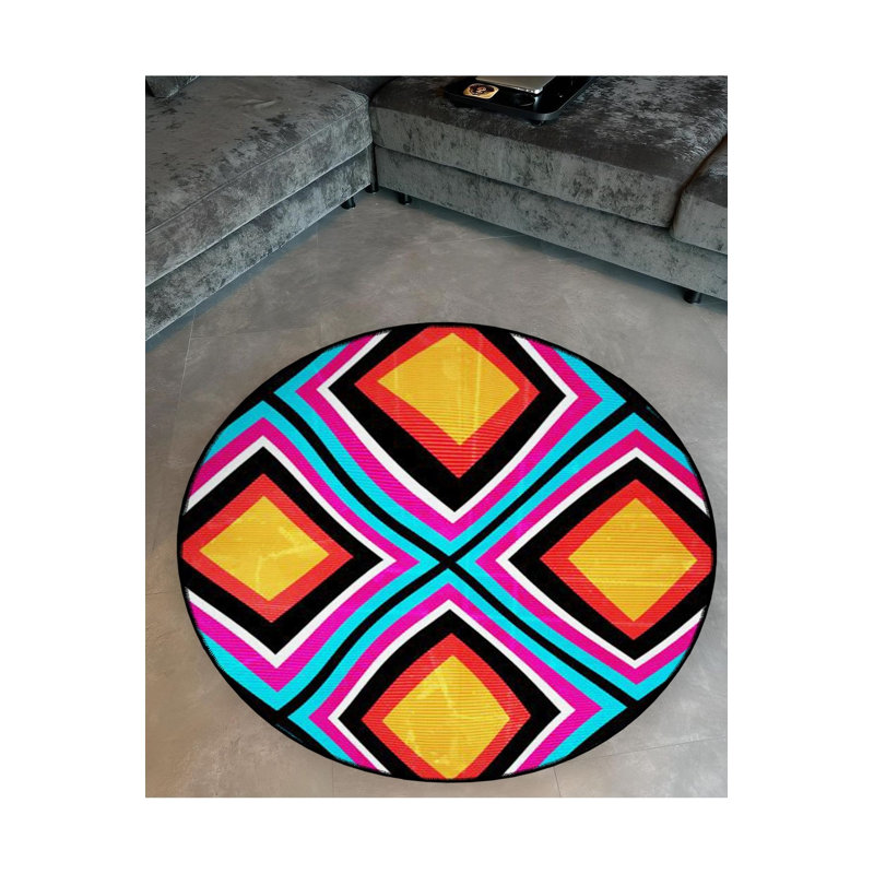 Tapis rond rond multicolore à motifs tissés lavables à la machine, Sous-tapis rond 3 pi 3 po inclus