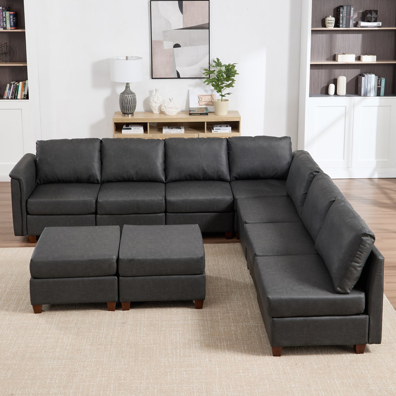 9-Piece Modern Upholstered Sectional Sofa, Gray Faux Leather, Brown Wood