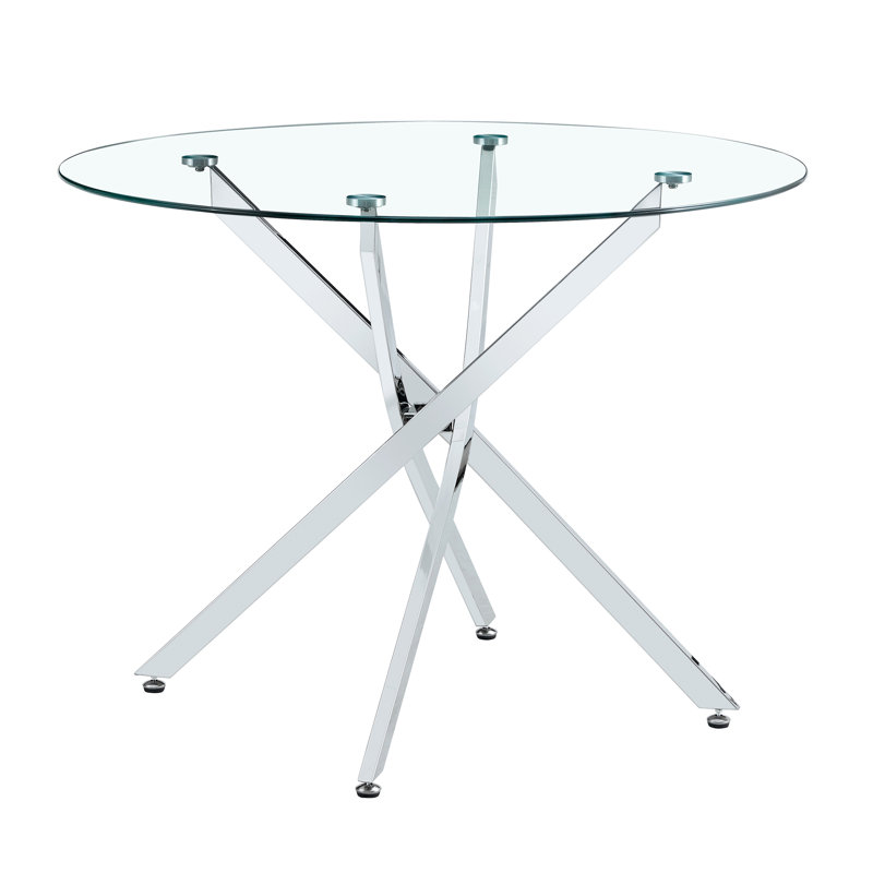 Table de salle à manger ronde en verre, table ronde en verre trempé transparent de style minimaliste moderne, pieds de table en métal, convient pour la cuisine, la salle à manger