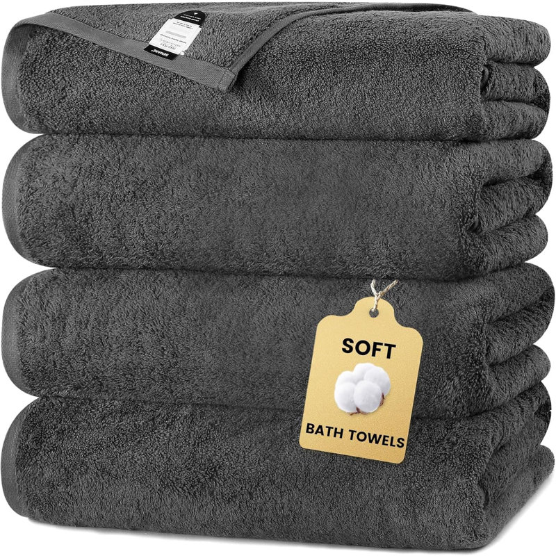Bath Towel 55x28 Inch 100% Cotton, 4-Pack Extra Large Absorbent & Quick-Dry Towels, Soft for Shower, Pool, Beach and Guest Bathroom, Gray