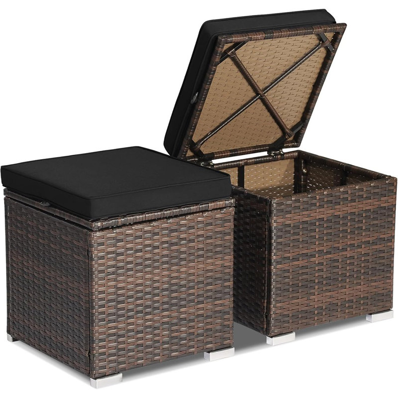 2 Pieces Patio Ottomans, Patiojoy Hand-woven Side Table With Removable Cushion & Hidden Storage Space, Multifunctional Storage Box, Seat For Patio, Backyard, Poolside