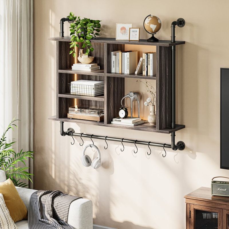 Industrial 4-tier Floating Shelf With Led Lighting, Adjustable Wall Shelves, Dark Gray