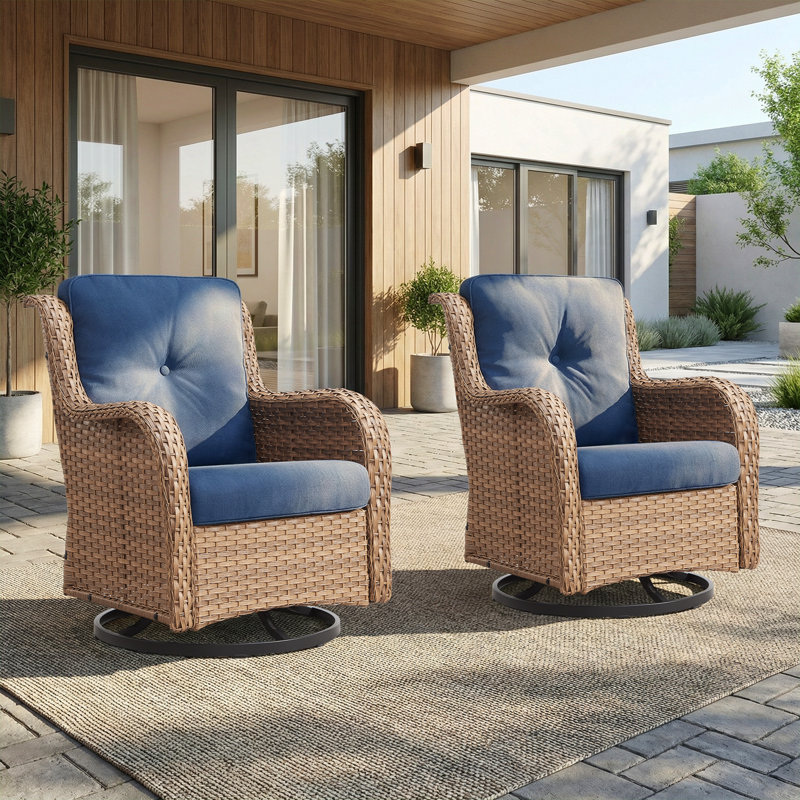 Ashawn Wicker Outdoor Swivel Rocker Chair with Cushions, Blue