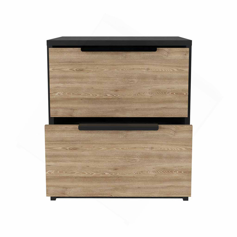 Modern Nightstand 19" H, Two Drawers, Black / Pine, Black/Natural