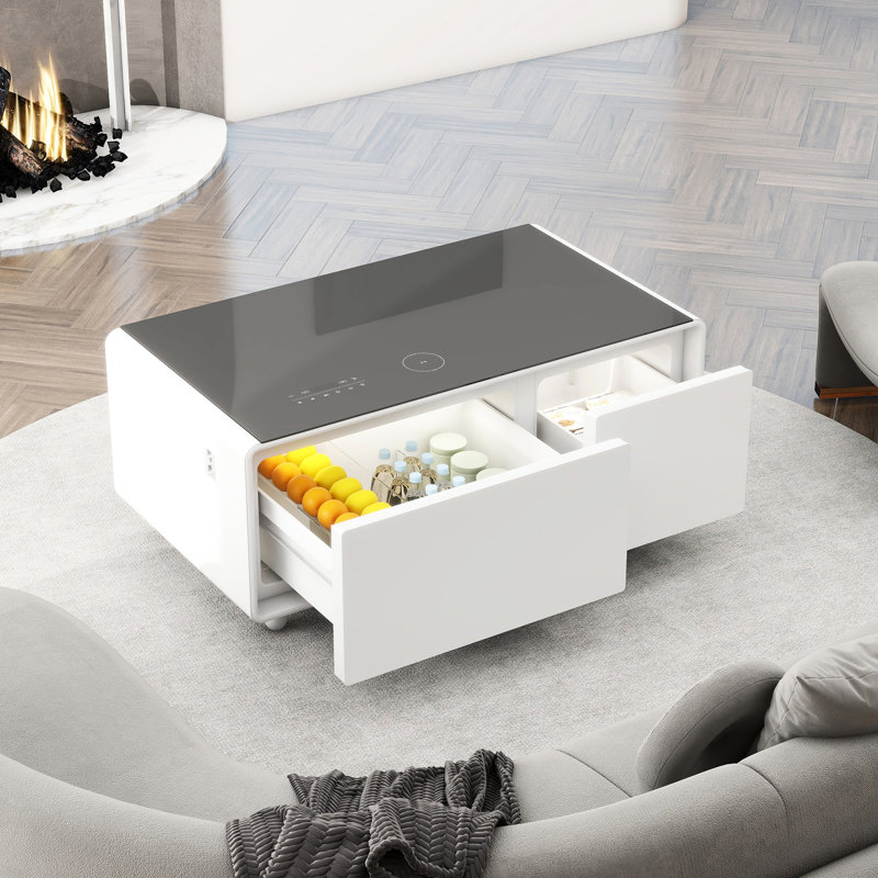 Table basse intelligente avec double refroidissement, recharge sans fil, ports, haut-parleur, atmosphère, réfrigérateur blanc moderne, son, charge -