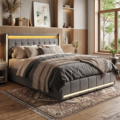 UK&EU Size Smart Linen Bed Frame with App-Controlled LED Lights, Upholstered Storage Bed with 4 Drawers & USB Charging Station, Grey & Beige