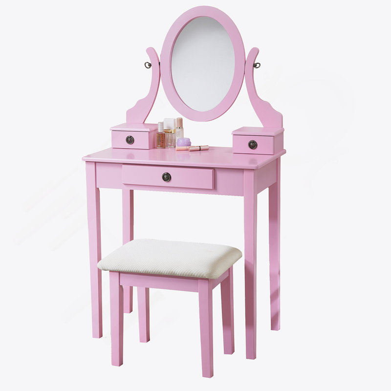 Wood Moniya Makeup Vanity Table And Stool Set, Pink