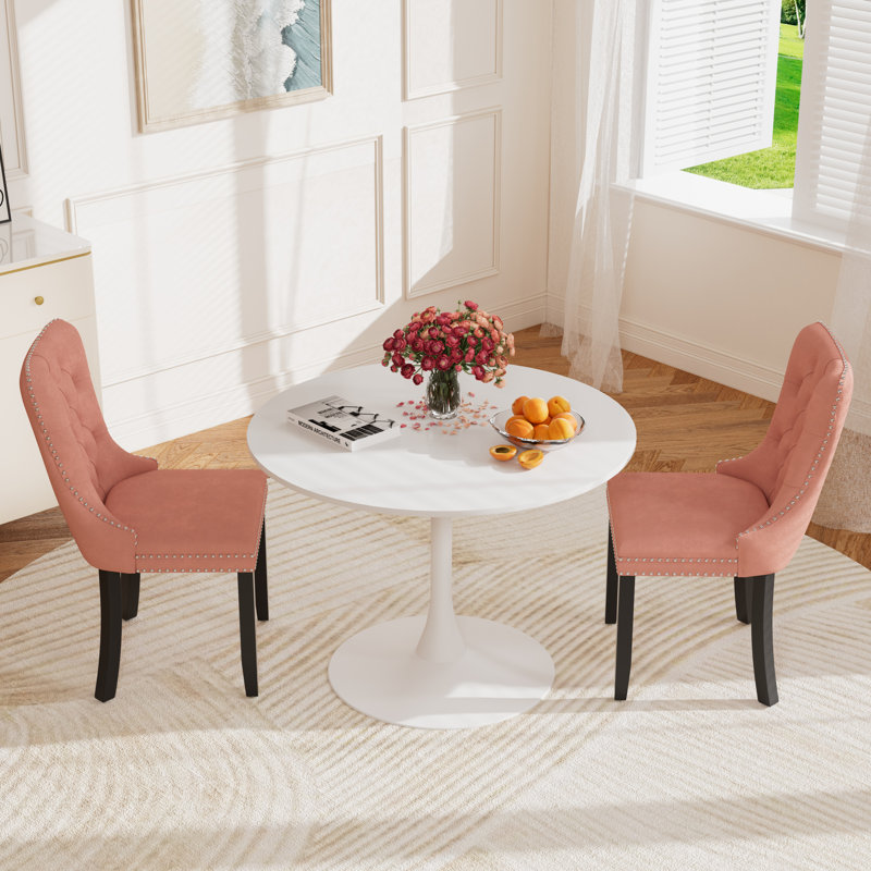 Round Pedestal Dining Set with 2 chairs, Pink, White/White