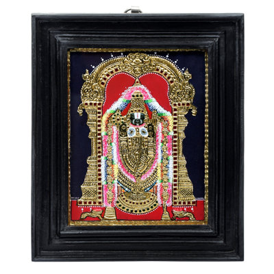 Lord Venkateshvara comme Balaji à Tirupati | Peinture de Tanjore | Couleurs traditionnelles | Structure en bois de teck