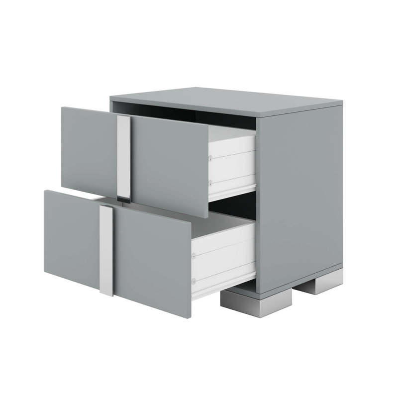 Elegant Nightstand, Modern 2 Drawer Bedside Table With Mirrored Metal Handle, Grey