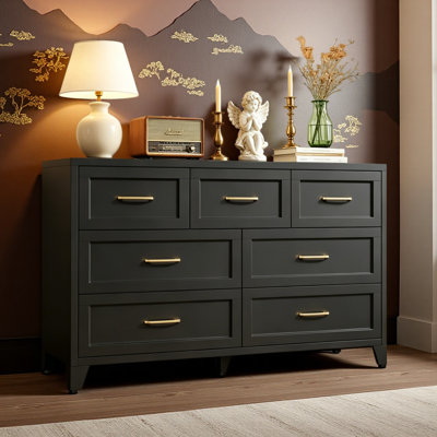 7-Drawer Dresser, Wide Low-Profile Storage Cabinet, Metal Chest of Drawers for Bedroom