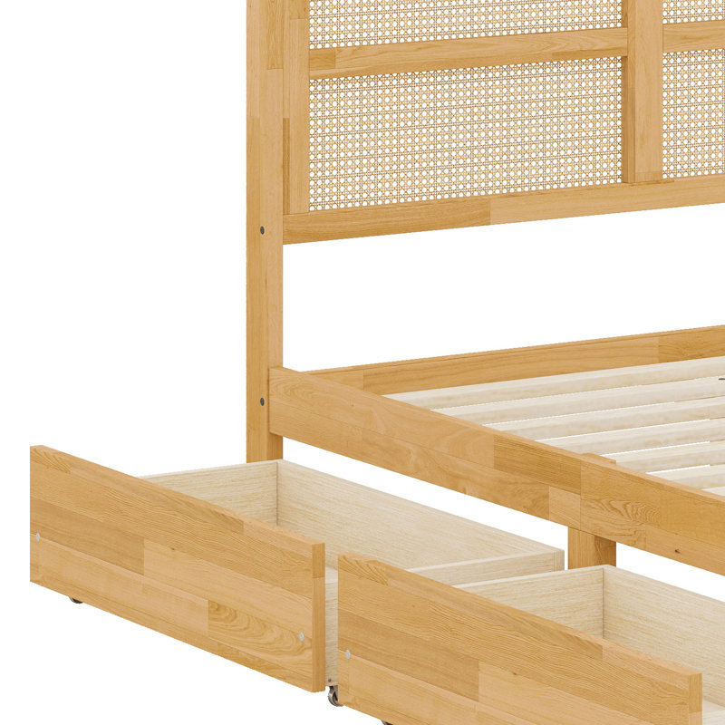 Lit plateforme avec tête de lit en rotin, tiroirs de rangement et lattes renforcées, Chêne blanc