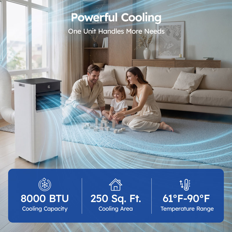 8 000 (Doe) climatiseur portatif 250 Btu Pi. Avec déshumidificateur et télécommande en blanc, 8000