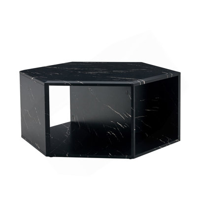 Table basse hexagonale en panneau de fibres à densité moyenne, autocollants à motifs caractéristiques, conception à plusieurs trous pour donner plus d'espace de rangement, conception simple et pratique qui la rend idéale pour toutes sortes de décors de style.