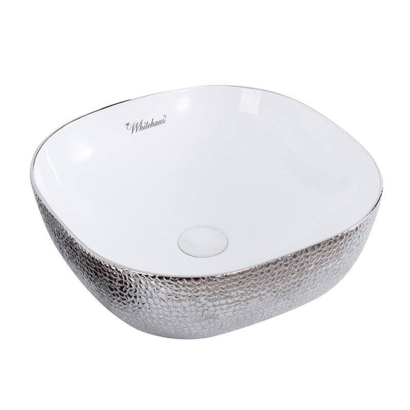 Whitehaus 17" Square Above Mount /Vessel Lavatory Basin, White/Silver, Embossed