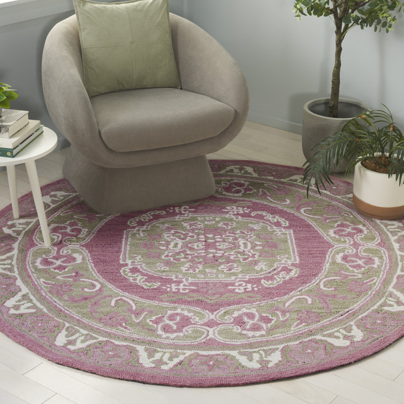 Tapis oriental en laine / coton 401 touffeté à la main olive / rose, Rond 6 pi