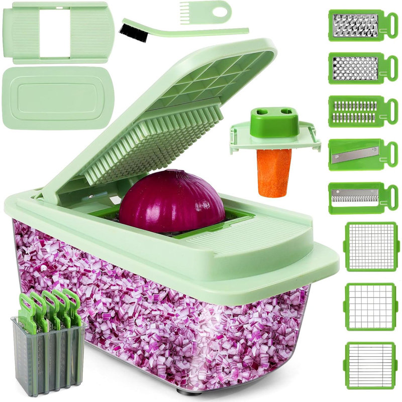 Gadgets de cuisine multifonctionnels 16-en-1 Hachoir à légumes - Hachoir à oignon 8 pales avec récipient, déchiqueteuse à râper, trancheuse et râpe, coupe-légumes pour salade / salade de chou / viande / noix