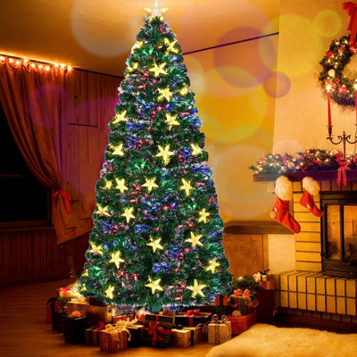 7 Ft Pre-Lit Fiber Optic Christmas Tree – Artificial Green Spruce With 245 LED Lights, Star Toppers & Metal Stand
