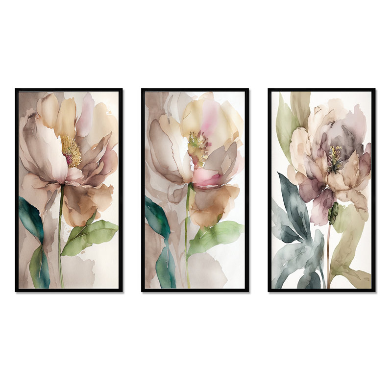 «Blooming Peony In Grey Earth Tones», 3 pièces sur toile, Noir, H 40 po x l 60 po