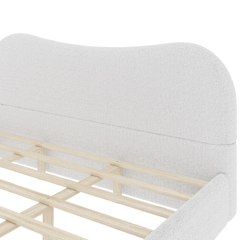 Très grand lit plateforme tapissier avec pieds en bois, blanc