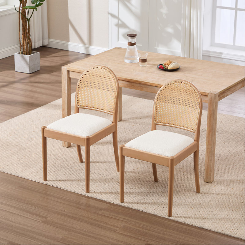 Ensemble de 2 chaises de salle à manger en rotin, chaises de salle à manger rembourrées en lin avec dossiers, chaises de cuisine modernes avec pieds en bois pour la salle à manger, beige