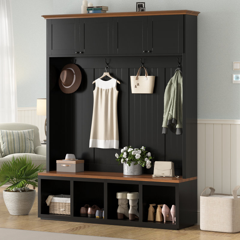59''W Entryway Hall Tree with Bench and Storage, Farmhouse Wood-grain Accent 4-in-1 Hall Tree with Cabinets, Coat Racks and Hooks